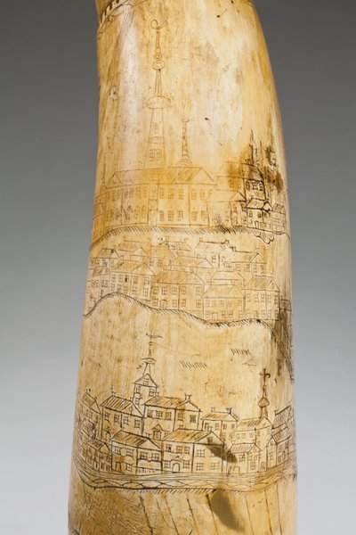 Corno da polvere, inciso con una mappa del fiume San Lorenzo nella zona di Quebec, c.1759 da Canadian School