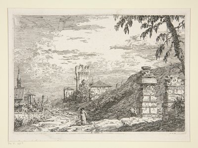 Paesaggio con torre e due colonne rovinate, dalla serie Vedute da Canaletto (Giovanni Antonio Canal)