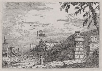 Paesaggio con torre e due colonne rovinate, dalla serie Vedute da Canaletto (Giovanni Antonio Canal)