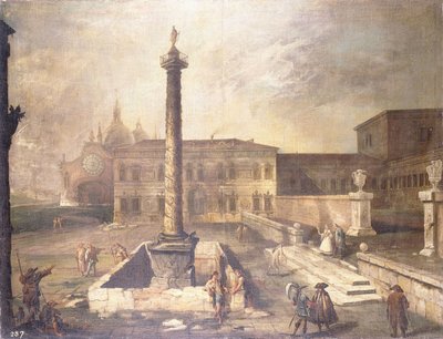 Un capriccio di una piazza davanti a un palazzo con la colonna di Marco Aurelio da Giovanni Antonio Canal