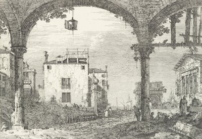 Un portico a tre archi con una lanterna aperta appesa al centro, un arco trionfale e rovine, 1735-46 da Canaletto