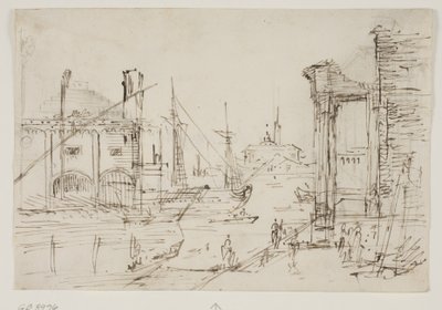 Capriccio con rovine classiche su un molo, una rimessa per barche, due galee, due alberi di una nave a vela dietro di loro, una chiesa con cupola sullo sfondo da Canaletto