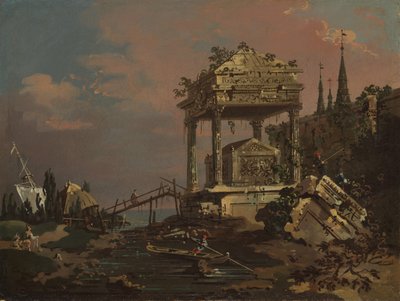 Veduta immaginaria con una tomba presso la laguna da Giovanni Antonio Canal