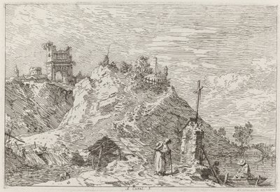 Paesaggio con il pellegrino in preghiera [in alto a sinistra], c. 1735-1746 da Canaletto