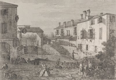 Le porte del Dolo: il bacino ovale delle chiuse a Dolo, con una chiatta ormeggiata al molo da Canaletto