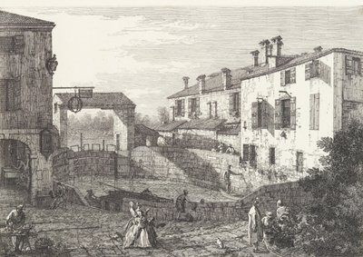 Le chiuse di Dolo, un bacino a forma ovale con barche al centro, edifici su entrambi i lati da Canaletto