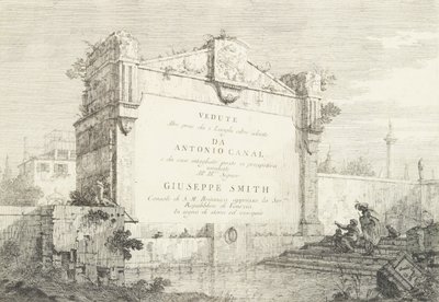 Pagina del titolo con un grande muro di una rovina classica, con una figura seduta a destra che indica da Canaletto