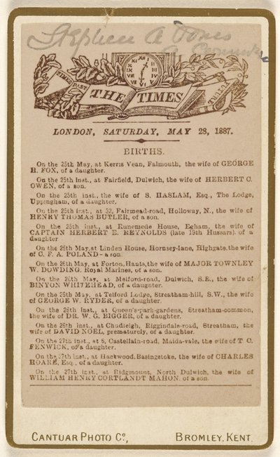 [Pagina di annuncio della nascita da "The Times", Londra, sabato 28 maggio 1887]. da Cantuar Photographic Company