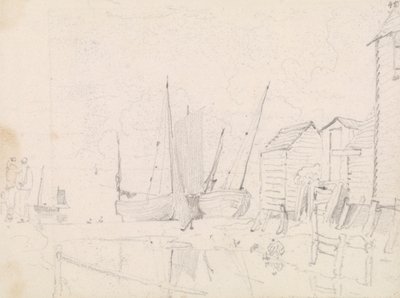 Schizzo di barche a vela arenate e cottage su palafitte, Hastings da Capt. Thomas Hastings