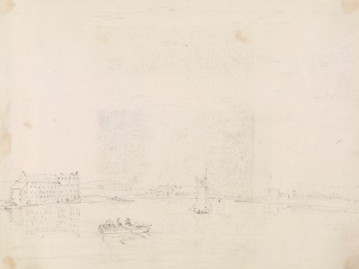 Schizzo di barche e un grande edificio, dall