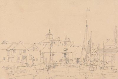 Schizzo di barche a vela ormeggiate vicino a un villaggio da Capt. Thomas Hastings