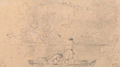 Schizzo di due uomini in una barca e una casa sulla riva da Capt. Thomas Hastings