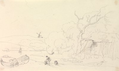 Schizzo di un cottage vicino al fiume con un mulino a vento in lontananza da Capt. Thomas Hastings