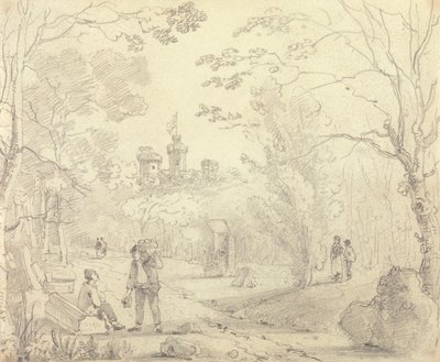Schizzo di una scena di parco con il castello di East Cowes in lontananza, Isola di Wight da Capt. Thomas Hastings