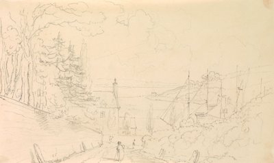 Schizzo di una strada che scende verso la riva con navi attraccate da Capt. Thomas Hastings
