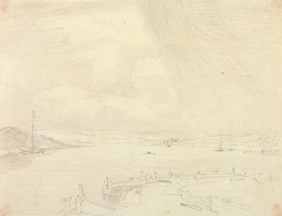Schizzo di un paesaggio marino con molo in primo piano, Isola di Wight da Capt. Thomas Hastings