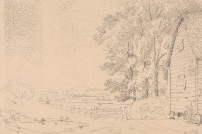 Schizzo di un edificio con tetto di paglia e un fiume oltre da Capt. Thomas Hastings