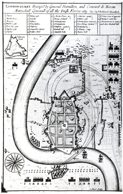 Londonderry assediata dal generale Hamilton e Conrad de Rosen, inciso da J. Sturt, 1689 da Captain Archibald Maculloch