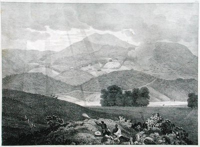 Vista di parte del lago e dei cottage a Ottacamund, Montagne di Neelgherry, tavola 3 da Vista delle Neilgherries, o Montagne Blu di Coimbetoor, India meridionale del Capitano McCurdy, pubblicato nel 1830 da Captain E. A. after McCurdy