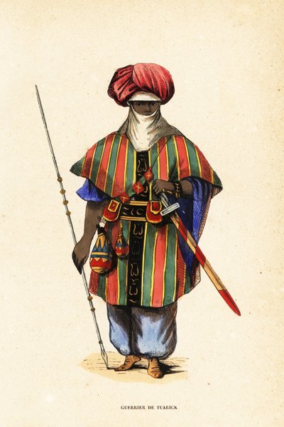 Nobile guerriero Tuareg di Agadez, Niger, in tagelmust (turbante e velo), taktkat (camicia) e akarbey (pantaloni) da Captain George Francis (after) Lyon