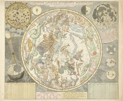 Planisfero celeste emisfero meridionale, da Atlas Coelestis, pub. 1706 (incisione colorata a mano) da Carel Allard