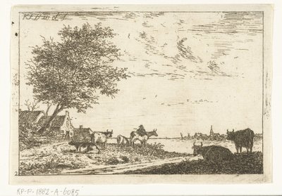 Paesaggio fluviale con contadino e mucche vicino alla fattoria Landschappen (serie) da Carel Frederik Bendorp (I)