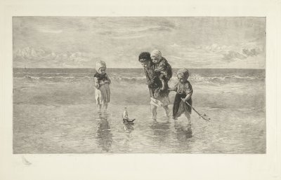 Quattro bambini giocano con una barchetta sulla spiaggia in acque poco profonde da Carel Lodewijk Dake