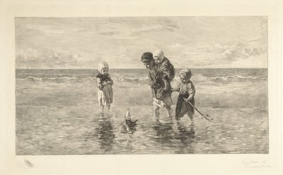 Quattro bambini giocano con una barchetta sulla spiaggia in acque basse (serie: Bambini del mare) da Carel Lodewijk Dake