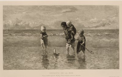 Quattro bambini giocano con una barchetta giocattolo sulla spiaggia in acque poco profonde (Bambini del mare) da Carel Lodewijk Dake