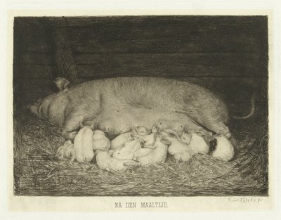 Scrofa con maialini sdraiati nella stalla da Carel Lodewijk Dake