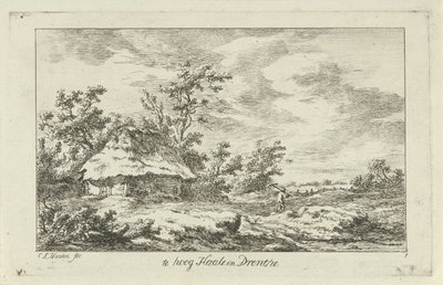 Uomo con rastrello vicino a un fienile (Te hoog Haale in Drenthe, titolo sull