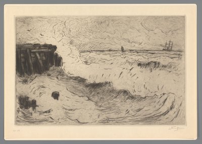 Mare agitato con una nave a vela vicino a un molo da Carel Nicolaas Storm van 