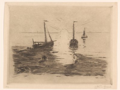 Paesaggio marino con barche a vela e tramonto Tramonto da Carel Nicolaas Storm van 