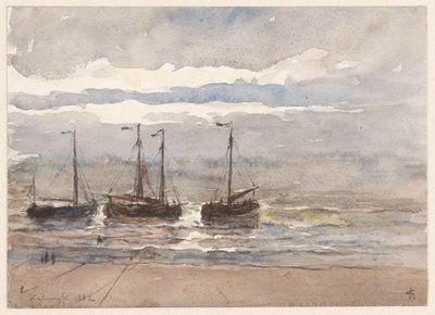 Barche da pesca sulla spiaggia di Katwijk con marea crescente da Carel Nicolaas Storm van 