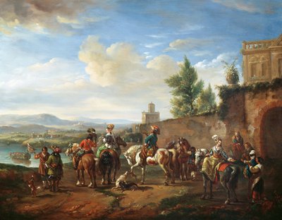 Una festa di caccia presso una casa di campagna da Carel van Falens or Valens