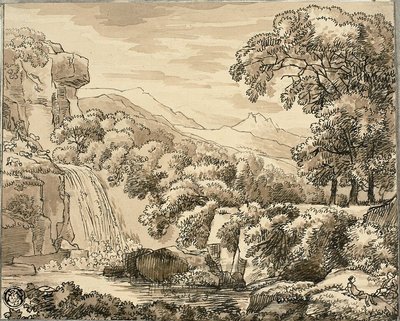 Paesaggio montano con cascata e figure da Carl August Lebschee