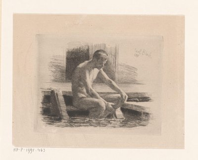 Uomo nudo, seduto su un gradino vicino all