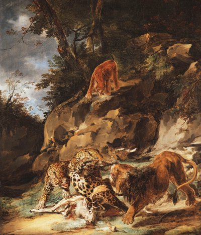 Un leone che scaccia una coppia di leopardi da un cervo morto da Carl Borromaus Andreas Ruthart