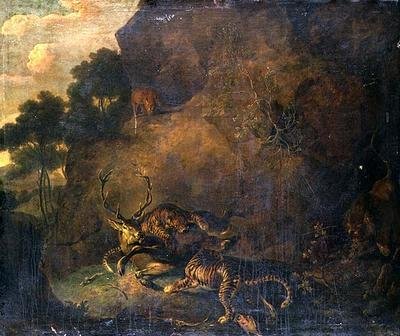 Tigri che attaccano un cervo in un paesaggio roccioso da Carl Borromaus Andreas Ruthart
