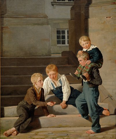 Ragazzi che giocano a dadi davanti al Castello di Christiansborg, Copenaghen, 1834 da Carl Christian Constantin Hansen