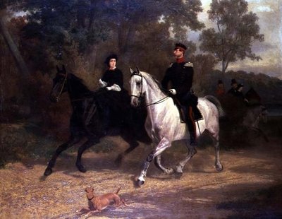Una signora e un ufficiale, possibilmente il principe ereditario e la principessa di Prussia, che cavalcano in un parco da Carl Constantin Steffeck