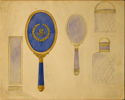 Selezione di disegni della Casa di Carl Fabergé tra cui uno specchio ovale, uno specchio più piccolo e due bottiglie montate da Carl Fabergé