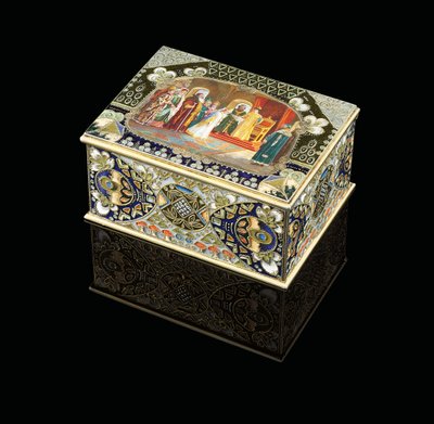 Scatola da tavolo con cartiglio dipinto raffigurante lo zar Alessio Michajlovič che sceglie una sposa da Carl Fabergé