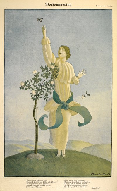 Disegno per la poesia "Vorsommertag": Una donna che cerca di afferrare una farfalla da Carl Friedrich Otto Lendecke