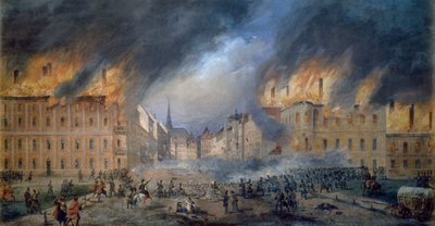 Battaglia alla Sternbarrikade a Jagerzeile il 28 ottobre 1848, rivoluzione a Vienna, incendio in città da Carl Goebel