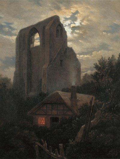Rovine del Monastero di Eldena con casetta vicino a Greifswald al chiaro di luna da Carl Gustav Carus