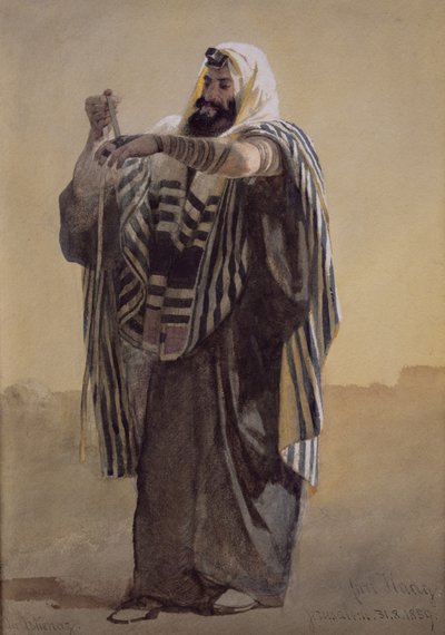 Un pastore di Gerusalemme che avvolge i filatteri per la mano da Carl Haag