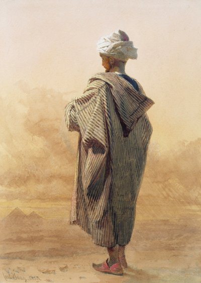 Il Cairo, un arabo al crepuscolo davanti alle piramidi da Carl Haag
