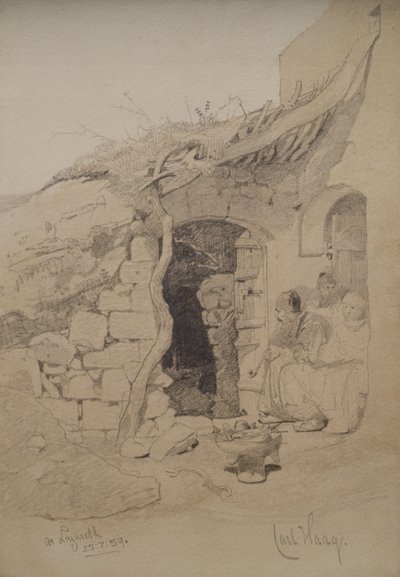 Tre figure sedute fuori da una casa, Nazareth, 1859 da Carl Haag