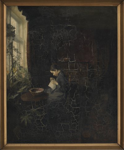 Interno con ragazza che cuce da Carl Holsoe